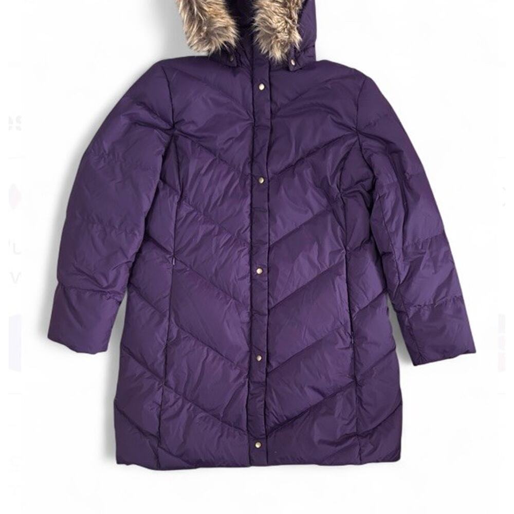 Land’s End Women’s Purple Down Puffer Jacket Faux Fur Hood Size P Med 10-12 - Picture 3 of 11